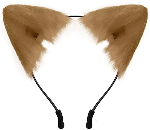 SycloPak Furry Animal Ears Headband - Adjustable Fox/Wolf/Cat Ears for Cosplay Costume, Halloween Party Accessories for Women & Men (Khaki)