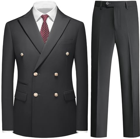 KUDMOL Suit for Men Solid Double Breasted 2 Piece Tuxedo Set Regular Fit Peak Lapels Jacket and Pants Black XXL