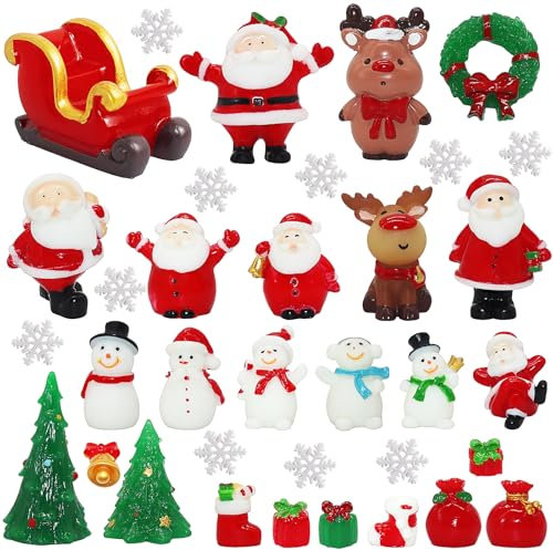 35 PCS Christmas Miniature Figurines, Christmas Miniature Ornaments Kit, Resin Mini Christmas Figurines with Sleigh Snowflake Santa Snowman Reindeer Xmas Tree for DIY Gift Garden Miniature Scenes