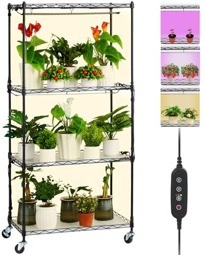 VEVOR Supporto per Piante con Luce di Crescita, Mensola 4 Ripiani con Timer 45 W 3 Modalità di Spettro di Luci, Mensola per Piante in Metallo, Rack da Giardino per Avviare Semi 600 x 350 x 1265 mm