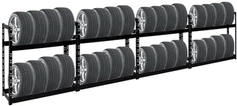 PROREGAL Mega Deal | 4X Reifenregal Tiger | HxBxT 100x110x35 cm | 150kg Fachlast | bis zu 16 Reifen | mit Ebenen | Schwarz Reifenständer Garagenregal
