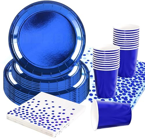 Set de vaisselle de fête en métal bleu roi, 69 pièces - Assiettes en carton bleu avec film, gobelets en carton, serviettes et nappe, vaisselle pour anniversaire, décoration de table pour Noël