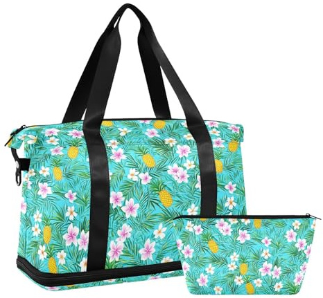 Resa duffelväska stor handbagage gymväska med tilldragbar fälla för träning vikbar, levande färgglada ananas palm blå