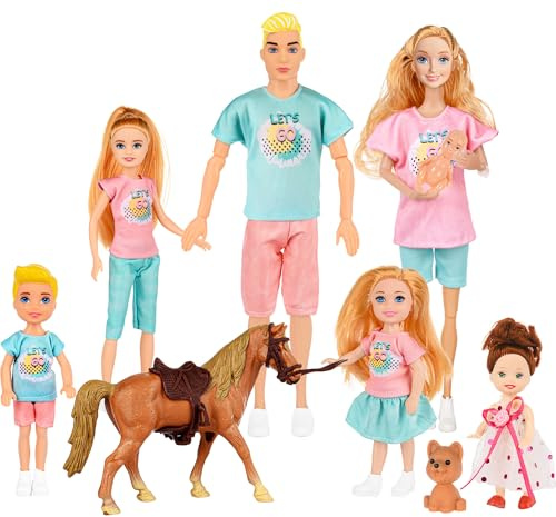 TREKFOX Family Dolls Set of 7 People Include Pregnant Mom Dad 4 Kids, a Small Baby in Mommy's Tummy,a Puppy Dog and a Little Horse, Doll Playsets and Accessories for 3-12 Years Old Toddlers Gift