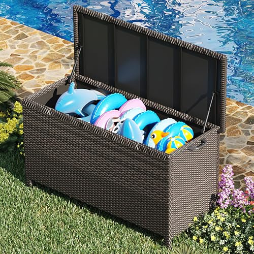 125 Gallon Large Deck Box Waterproof PE Rattan Outdoor Storage Box with Handles and Wheels, Storage Bin for Garden, Balcony, Porch, Pool, Yard