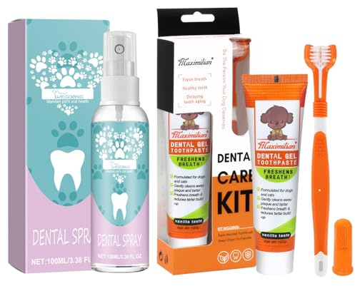 Zahnpflege Hund Set mit Hundezahnbürste,Hundezahnpasta Gegen Zahnstein 100g,Fingerlinge Hunde Zahnpflege,Dentalspray für Hunde Katze 100ml,für einen frischen Atem,Zahnreinigung, Zahnsteinentfernung