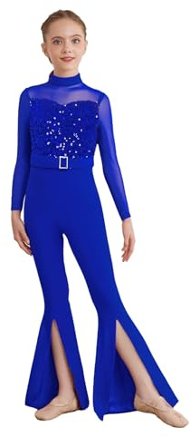 FEESHOW Girls Sequin Full Body Unitard Split Bell Bottom Pants Belted Jumpsuit Gymnastics Leotard Jazz Dance Catsuit Blue 13-14 Years