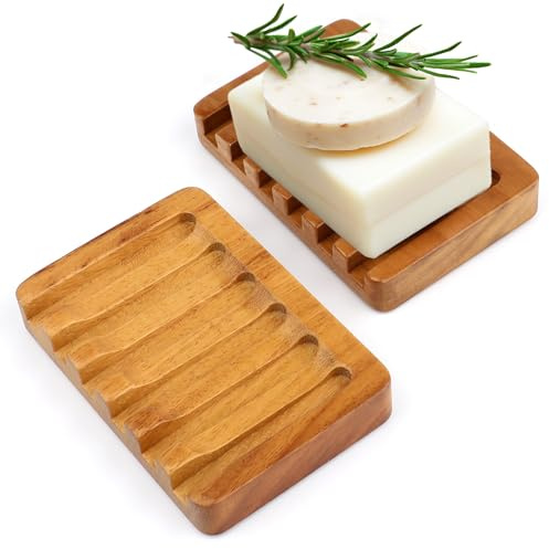 Paquete de 2 jaboneras de madera de teca, soporte de jabón de madera autodrenante con base antideslizante para baño, ducha, fregadero de cocina, bandeja ahorradora de jabón para jabón de barra y