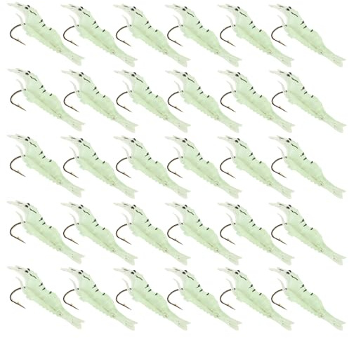 30PCS Fake Soft Shrimp Lures Baits with Fishhook, Pre-Rigged Jigs Realistic Fishing Baits Lures for Freshwater Saltwater/Super Durable & Reusable Fish Gear Lure for Bass Salmon Trout/1.7Inch/Luminous