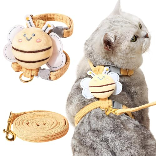 MOTIBACK Cat Harness and Lead Set, Escape Proof Adjustable Kitten Vest Harness with Leash, Cute Bee Design for Small Medium Cats Dogs Pets Walking Exercise Travel Outdoor (Yellow, M)