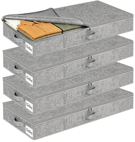 Lot de 4 Boîtes de Rangement Sous Lit avec Couvercle, Boite en Tissu Durable Sac de Rangement Pliable et Lavable, 3 Poignées Renforcées, Grande Capacité pour Vêtements Couvertures, 85x40x12cm, Gris
