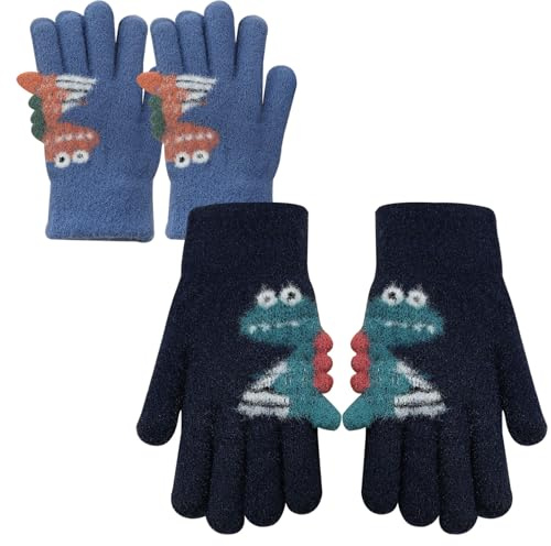 BSITSSS 2 par barnhandskar, dinosaurier stickade handskar barn, varma hela fingrar barnhandskar, barn vinterhandskar förtjockade, termiska handskar barn för pojkar flickor åldrarna 4-10 år