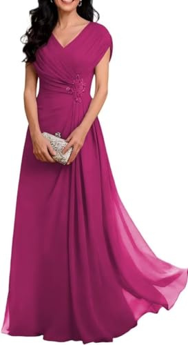 Dam V-ringad chiffong brudens mor klänningar lång veckad formell bröllop gästklänning, fuchsia, 50 SE/Plus
