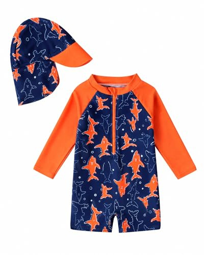 JiAmy Costume da bagno a maniche lunghe UV per bambini, costume da bagno con cappello, costume da bagno per bambini da 6 mesi a 6 anni, pesce arancione, 4-5 anni