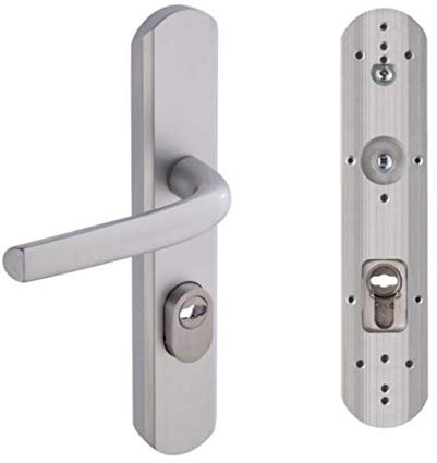 Vachette Set de Poignée de Porte sur Plaque Sécumax Up - Version Clé I, Entraxe 195 mm - Pose Facile - en Aluminium - Protecteur de Cylindre Inox Ajustable de 5 mm - Anodisé Argent - Garantie 10 Ans