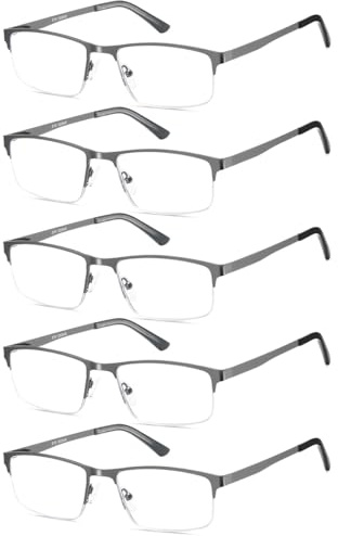 EYECEDAR 5 Pack Reading Glasses Men Blue Light Blocking Eyeglasses Gunmetal Gray Metal Half Frame Spring Hinges Readers for Men and Women 1.75
