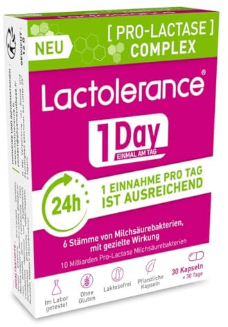 LACTOLERANCE 1/DAY | Natürliche Laktase-Vorstufe | 24h Schutz mit nur 1 Kapsel täglich | Fördert die Laktoseverdauung | Für alle Intoleranzstufen | 30 Kapseln – 1 Monat Kur | Ohne