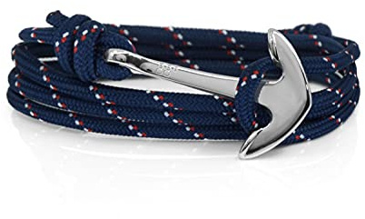 Eighty Eight Degrees Bracciale con Ancora in Corda per Uomo, Realizzato in Acciaio Inossidabile e Corda Resistente, Regolabile Fatto a Mano nel Regno Unito (Blu Navy a Righe & Argento)