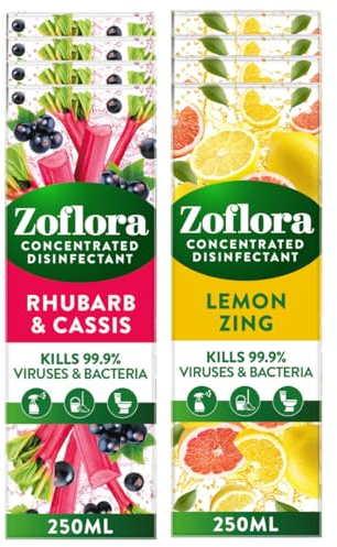 Zoflora Mixed Pack Concentrated Disinfectant Liquids, 8 x 250ml Pack, Includes Lemon Zing & Rhubarb & Cassis, Antibacterial Multi-Surface Cleaners, Kills 99.9% of Germs