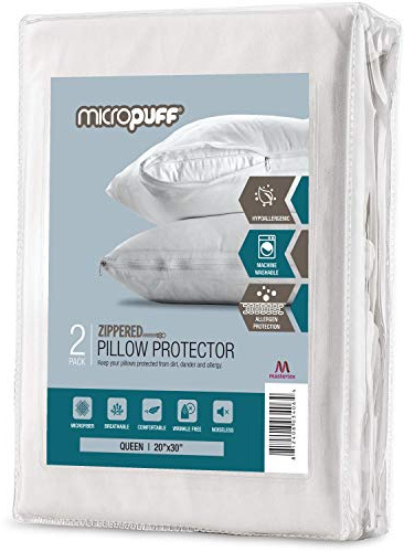 MICROPUFF Zippered Pillow Protectors Queen - Soft Brushed Microfiber Pillow Covers, Noiseless and Hypoallergenic Pillowcases with Zipper (2 Pack, Queen 20x30)