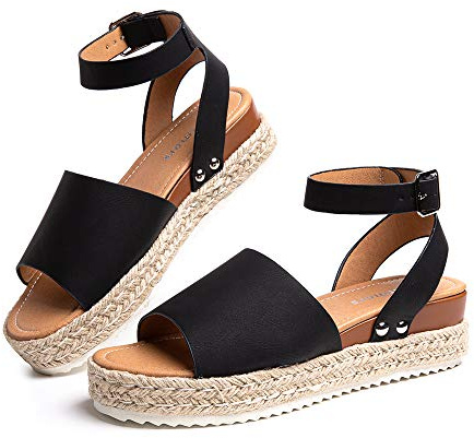 Hitmars Womens Sandals Wedge Summer Ladies Espadrilles Gladiator Beach Open Toe Platform 5.6cm 1-Black UK6 (EU39)