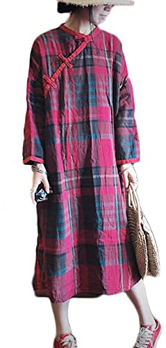 NFYM Cheongsam Robe chinoise à manches longues pour femme Motif floral Qipao, écossais rouge, Taille Unique