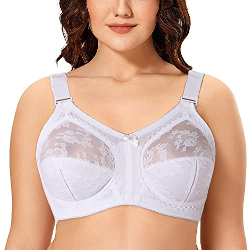 Ayigedu Women's Full Coverage Non Wired Non-Padded Minimizer Lace Plus Size Support Bra 42-GG White