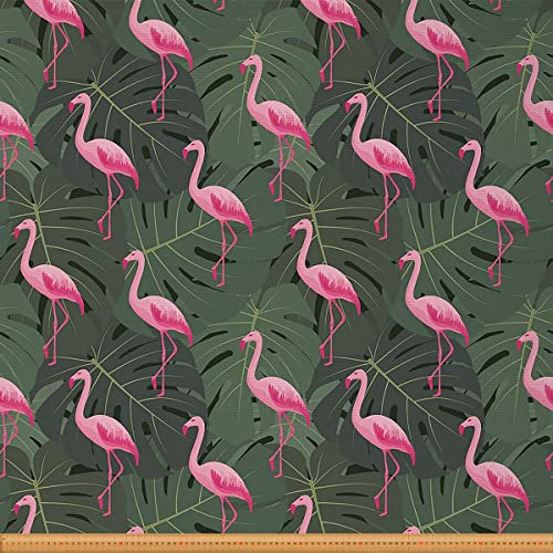 Flamingo Stoff Meterware Palmen Polsterstoff Hawaii Tropen Dekostoff Wilde Tiere Botanischer Stoff für Drinnen und Draußen Karikatur DIY Kunst Wasserdichter Stoff Rosa Grün 184 x 150 (HxB)