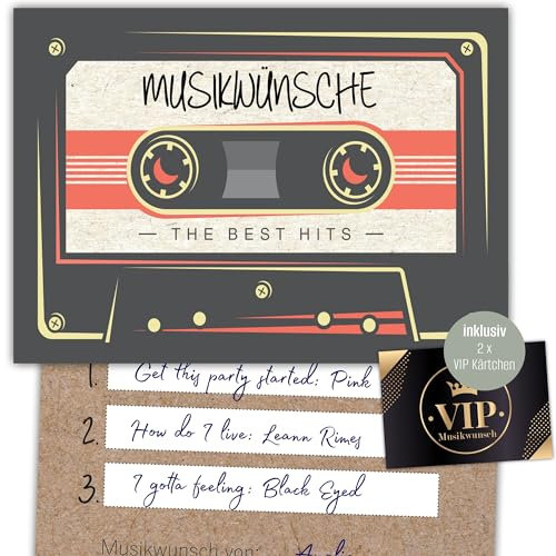 Eummel 50 Musikwunschkarten Retro inkl. VIP Karten | Hochzeit Musikwunsch | Dj Karten Geburtstag |Musikwünsche Musikkarten Partykarten
