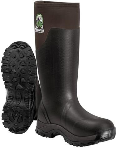 TerraTrax Men's Waterproof Insulated Rubber Hunting Boots – 6mm Neoprene Rain Boots for Outdoor Work, Fishing, Farming & Gardening Brown Size 12