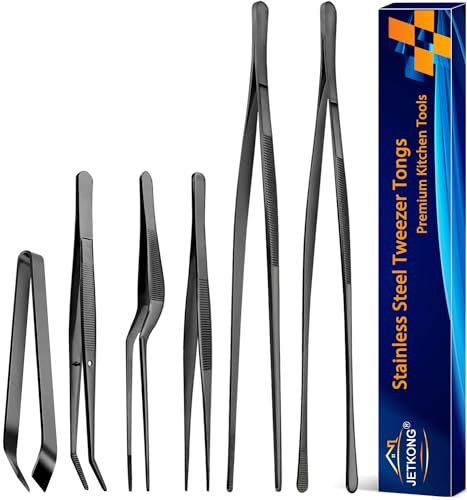 JETKONG 6 Pcs Cooking Tweezer Tongs, 12'' and 6.3 Stainless Steel Kitchen Tweezer Set, Professional Chef Tweezers for Cooking, Repairing, Sea Food, BBQ, Multi-use (Black)