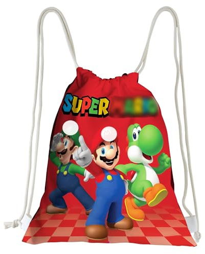 MAJEQZGY Mario Bolsa de Gimnasia con Cordón Gran Mochila Deportiva Bolsa de Cuerda con Cordón para Mujer y Hombre, Viaje Playa Mochila Escolar para Niños Niños Niñas, Juego Rojo, L