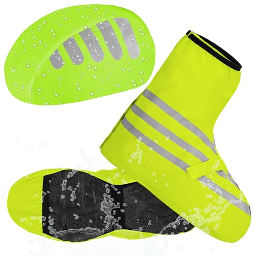 Yimomoyi Waterproof Shoe Covers, Reusable Shoe Covers with Velcro Fasteners, Reinforced Toe and Large Reflective Zones, Waterproof Shoe Covers and Waterproof Helmet Cover for Cycling and Outdoors