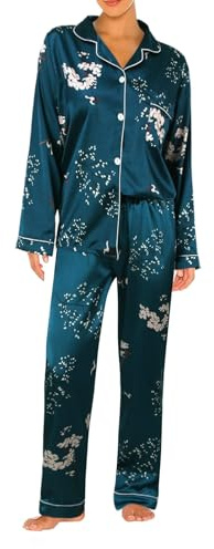 Conjunto de Pijama Seda Mujer, Pijamas Raso Invierno Largo para Mujer con Botones, Pijama Saten Camisero de Manga Larga Y Pantalon, Ropa de Dormir de Descanso de Dos Piezas Traje de Casa