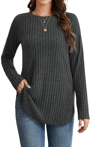 Enmain Maglia Donna Leggera Pullover Maglioni Donna Manica Lunga Invernale Elegante Felpa Girocollo Taglie Forti Loose Grigio Scuro S