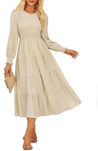 Women Dresses Casual Summer Solid Crew Neck Long Sleeve Maxi Dresses for Wedding Guest CL145-02/Apricot M