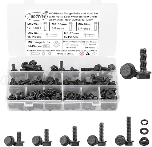 FandWay 190 pezzi Bulloni a flangia esagonale, M8 viti a testa esagonale con flangia, viti a flangia in acciaio legato 10,9 nero e dadi rondelle. Filettatura completa, passo filettato da 1,25 mm.