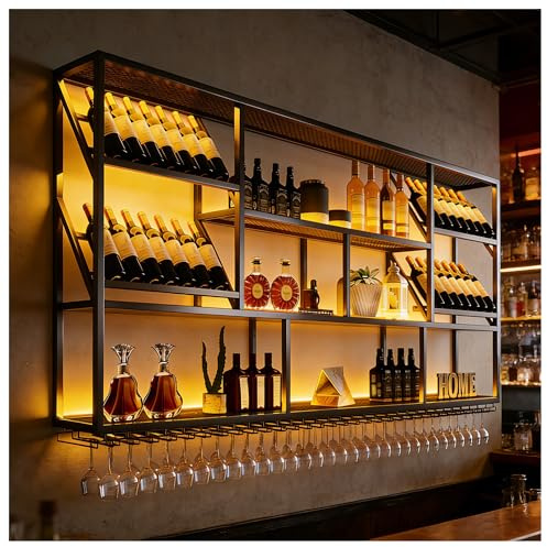 Estante para Vino Montado en la Pared, Soporte Industrial para Bar de Licor de 3 Niveles Copas, Estante Colgante de Metal para Exhibición de Botellas de Vino, Decoración para el Hogar (130cm)