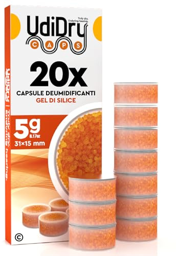 20 Capsule Essiccanti per Apparecchi Acustici UdiDry Caps (5g) 31mm Anti Umidità con Gel di Silice Assorbi Umidità di Alta Qualità - Capsule Deumidificanti con Indicatore di Colore per Asciugatura
