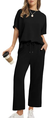 Rayson Tuta Estiva Donna Sportiva con Scollo Rotondo e Ampie Tasche Completo Tuta Donna T-Shirt & Pantaloni Casual per Jogging, Training, Casa, Working(Nero,XL)