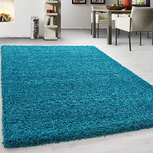 Teppium Moderner Hochflor Teppich Läufer Flur 100x200 cm Türkis - Shaggy Flauschiger Teppich, Extra Weich und Pflegeleicht - Ideal als Bettvorleger Schlafzimmer, Küchenläufer, Wohnzimmerteppich