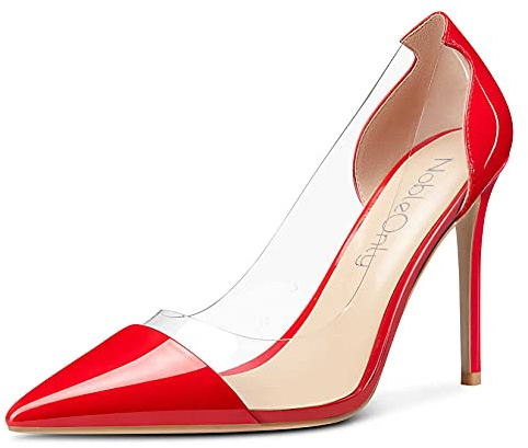 NobleOnly Scarpe col Tacco Donna Trasparente Tacco a Spillo 10CM High Heels Rosso Pelle Verniciata Scarpe EU 38