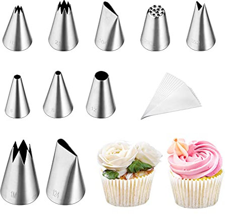 Kasmoire Set di 10 beccucci per principianti con 10 sac à poche usa e getta per decorare torte