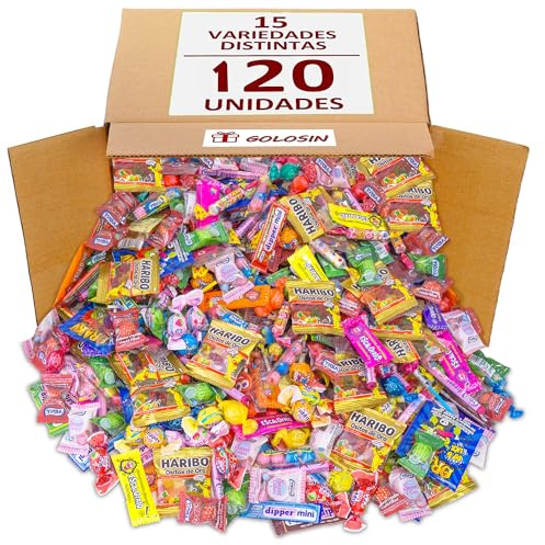 Caja de Chuches y Golosinas para Cumpleaños, Piñatas y Fiestas – MegaPack Magnum 120 Unidades para 8 Bolsas Surtidas, 15 Variedades, Selección Suprema GOLOSIN