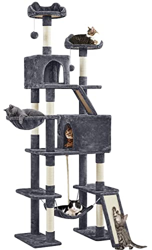 Yaheetech - Árbol para gatos gigante, altura 209 cm, multinivel, con postes de sisal, árbol para gatos de madera, con rascadores, 2 perchas, diseño lindo, 2 grandes nichos, cesta hamaca de 2 bolas