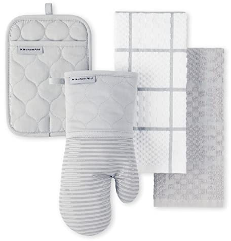 KITCHENAID Quilted Cotton Terry Cloth Oven Mitt, Pot Holder, Kitchen Towel 4-Pack Set, Heat Resistant, Silicone Grip, 16x26, 7x13 & 7x10, Matte Grey