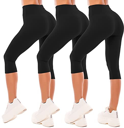 SINOPHANT 3/4 Leggins Capri Vita Alta Donna, Estivi Leggings Donna Fitness Corti Pantaloncini Yoga Coprenti Pinocchietto Opaco Elastici Morbido per Sportivi o Casual,XXL,Nero/Nero/Nero