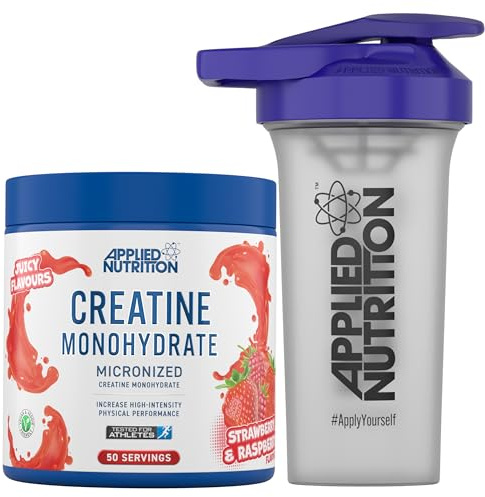 Applied Nutrition Creatine + 700ml Shaker | Creatine Monohydrate Micronized Powder with Flavour, Increases High-Intensity Physical Performance (250g - 50 Servings) (Strawberry & Raspberry)