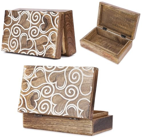 Ajuny Caja de Madera Tallada a mano para Guardar Joyas Decorativa con Diseño de Corazón Blanco y Marrón Multiusos para Guardar Collares Relojes Regalos 8x5 Pulgadas