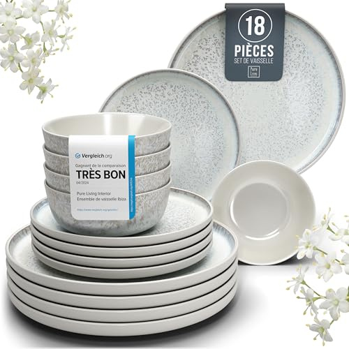 Pure Living Service de table 18 pièces pour 6 personnes – Beau service de table en grès de style méditerranéen pour 6 personnes – Passe au lave-vaisselle et au micro-ondes – Service de table pour 6